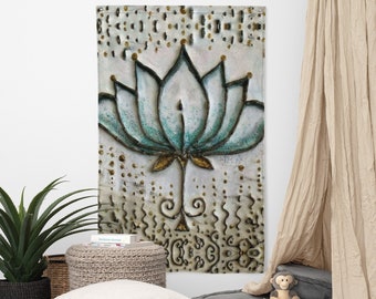 BLUE LOTUS NAMASTE Fabric Wall Hanging, Lotus Wall Tapestries, Waterlily Flag Yoga Wall Print, Boho Wall Decor, Lotus Painting, Zen Yogi Art