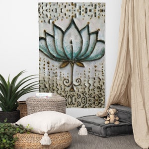 BLUE LOTUS NAMASTE Fabric Wall Hanging, Lotus Wall Tapestries, Waterlily Flag Yoga Wall Print, Boho Wall Decor, Lotus Painting, Zen Yogi Art