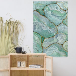 CELADON GREEN GEODE Flag, Fluid Art, Mint Agate Quartz, Crystals Abstract Art, Fabric Wall Hanging, Jade Decor, Coastal Home, Geode Wall Art