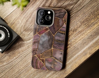 Wine Rose Gold Tough Phone Case, Cranberry Marbled Case, Kinsugi Cracks, Unique Geode Iphone Case, Glossy Unisex Phone Case