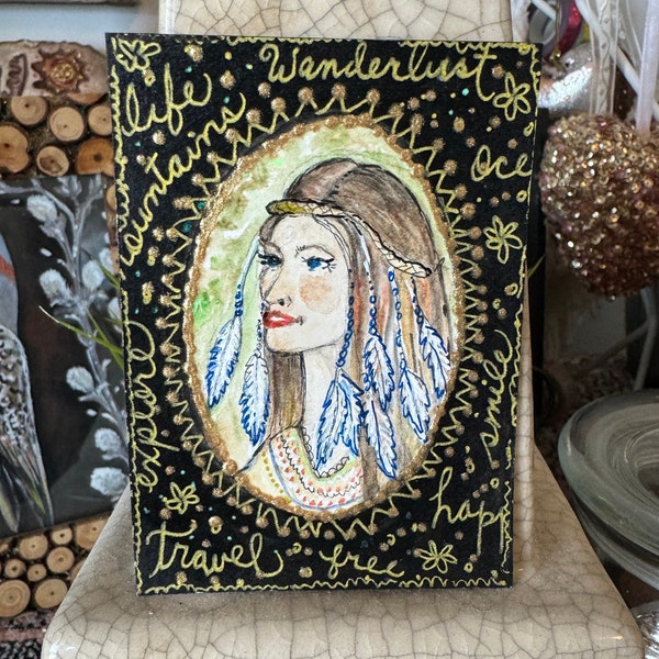 ACEO SUSAN Wanderlust Hippie Cameo Collectors Edition Original Watercolor Painting Embellished ATC Card, Miniature Portrait Painting