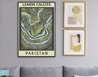Lemon Calcite Poster, Pakistan Geode, Large Poster Living Room Art, Yellow Grey Wall Art, Modern Decor, Vacation Poster, Marble Poster Print