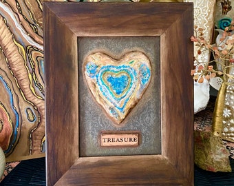 TREASURE Heart, Framed Geode Art, Faux Agate Meaningful Rustic Small Painting, Glass Glitter Framed Art, Mindful Yoga Gift, OOAK