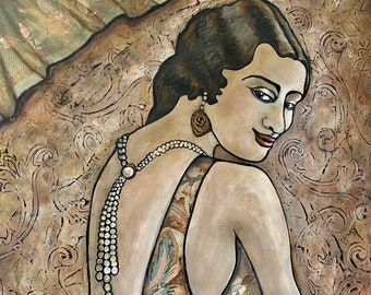 Vintage Art Deco Woman Painting, Art Nouveau Flapper Woman Painting, Old Hollywood Woman, Collage Art, Pearl Necklace