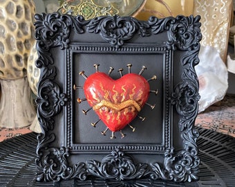 SPIKED Red Heart, Sacred Heart Meaningful Rustic Black Filigree Framed Art, Mindful Love Gift for Him, Soulmate Art, Mexican Milagro Heart