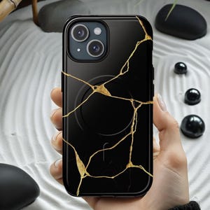 Black Marble Geode Phone Case, Gold Kintsugi Design, Tough Shell
