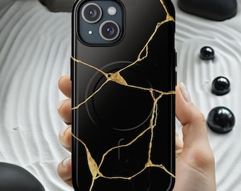 Black Marble Geode Phone Case, Gold Kintsugi Design, Tough Shell