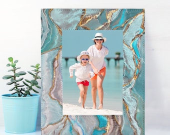 Turquoise Agate Geode Print Picture Frame, Teal Photo Frame, Friendship Gift Family VacationPicture