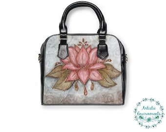 Front Personalized Lotus Flowers Classic Tote Purse w/Leather Trim 