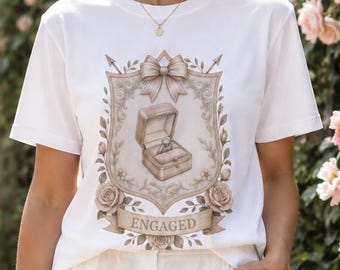 Engaged Ring Box Crest T-shirt | Engagement Announcement, Rose Laurel Emblem, Bride To Be, Romantic Engaged Shirt