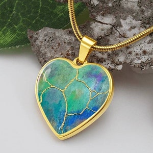 Ocean Blue Kintsugi Heart Pendant – Engravable Beach Jewelry, Soulmate Gift Pendant