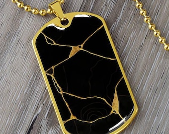 Black Gold Kintsugi Dog Tag Necklace - Engravable Military Pendant, Gift Pendant