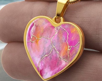 PINK PEONY KINTSUGI  Heart Necklace: Rice Paper Japanese Pendant, Sweetheart Gift Pendant