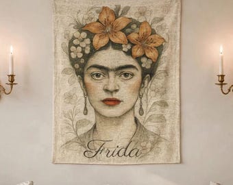 Frida Kahlo Portrait Woven Wall Tapestry | Floral Headpiece, Boho Home Decor