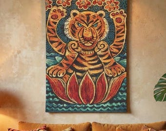 PSYCADELIC Tiger Lotus Mandala Woven Wall Tapestry | Boho Animal Wall Hanging
