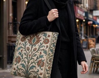 Vintage Mosaic Floral Woven Tote | Persian Tile Pattern, Boho Floral Bag, Woven Carry All, Tapestry Carpet Bag Style