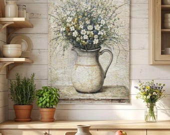 Daisy Bouquet in Pitcher Woven Wall Tapestry | Floral Vintage Farmhouse Decor