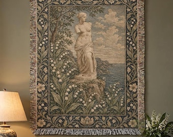 Venus Watching Woven Tapestry, Classic Greek Statue Coastal Theme, Lilly of the Valley, William Morris Style