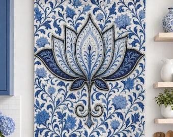 DELFT Blue Lotus MORRIS Insired Woven Wall Tapestry | Boho Floral Home Decor, LARGE  Floral Beautiful Wall Hanging 2' x 3'