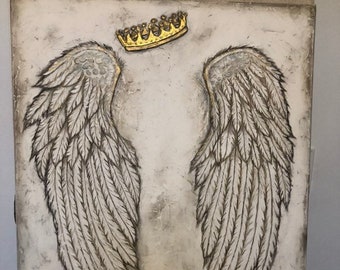 GUILDED Angel Wings Painting, Gold Crown Painting, Angel Wings Painting, Rustic Textured Romantic White Plastered Painting, Guardian Angel