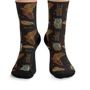 May include: Black socks with a repeating pattern of vintage-style cicada illustrations in shades of brown, tan, and blue. The word "Cicada" is written in a script font. These socks are a unique accessory.