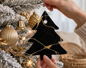 Acrylic Black Gold Kintsugi Christmas Tree Ornament, Beautiful Japanese Style Ornament