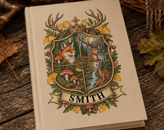 Woodland Crest Journal | Fox and Deer Hardcover Notebook, Cozy Family Shield, Foxes Deer, Mushrooms