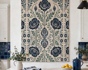 Vintage Floral Jacquard Woven Wall Tapestry | Blue Green Rose Pattern, Indigo Floral Wall Hanging