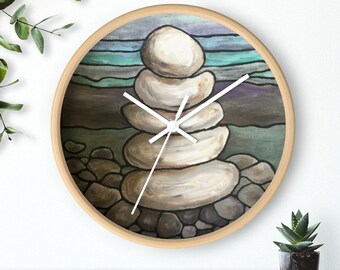 English seaside watercolour painting calm spiritual Zen Stone Pile on the beach