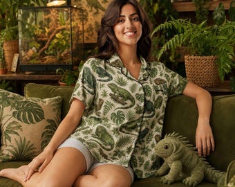 Iguana Mamma Pajama Top, Lizard Lovers Lounge Shirt, Tropical Leaves, Iguana Lovers Gift