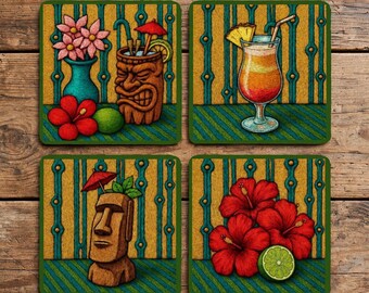 TIKI PARTY Hawaiian Coaster Neoprene Back (Square) 4PK, Hostess Gift, Hibiscus Flower, Neoprene Coaters, Anti-skid, Cocktail Party