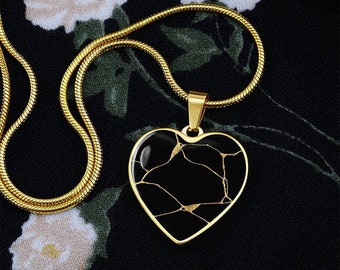 Japanese Style Kintsugi Heart Pendant Necklace - Black Gold Engraved Jewelry, Gift Pendant