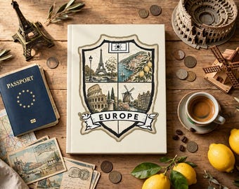 Europe Crest Travel Illustration Hardcover Journal | European Vacation Memories, His & Her Trip Notebook