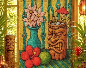 Tiki Cocktail Still Life Woven Wall Tapestry | Floral Tropical Decor, Polynesian Party Tapestry  2' x 3'