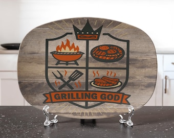 Grilling God Barbeque Platter:Fun BBQ Serving Tray, Display Plate, Hostess Gift, Matt Finish