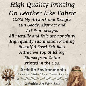 May include: Text on a cream-colored background reads "High Quality Printing On Leather Like Fabric." Additional text describes the artwork, printing, and materials. The bottom of the image says "Artistic Environments" and "Giftable Art With Soul."