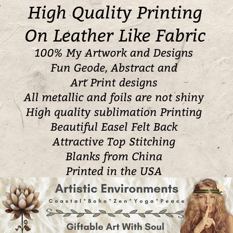 May include: Text on a cream-colored background reads "High Quality Printing On Leather Like Fabric." Additional text describes the artwork, printing, and materials. The bottom of the image says "Artistic Environments" and "Giftable Art With Soul."