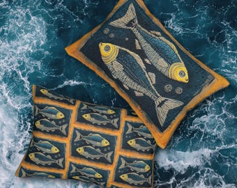 Pretty Perch Cabin Pillow, Blue Yellow Fish Pattern Lumbar Pillow, Lakehouse Pillow