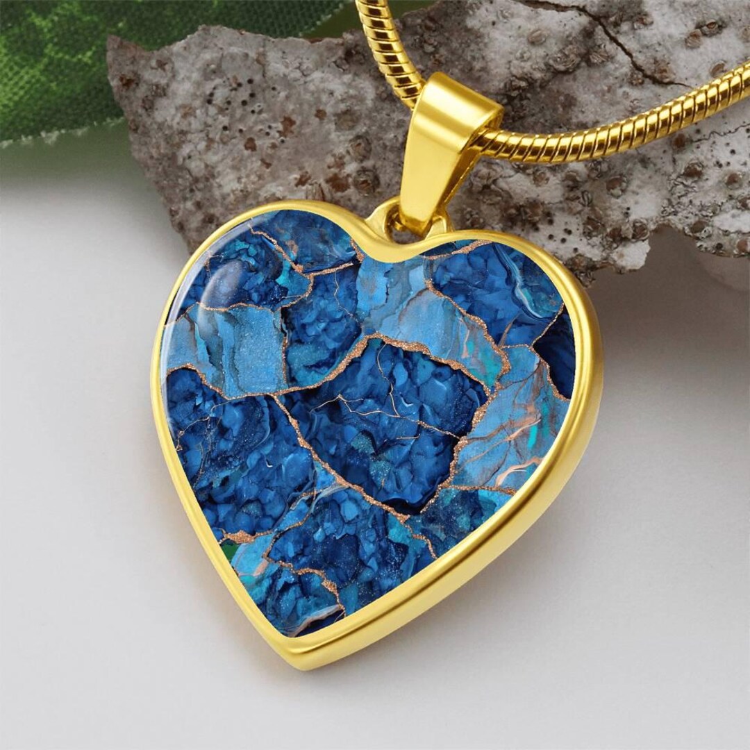 SAPHIRE BLUE KINTSUGI Heart Pendant – Personalized Engraved Geode ...