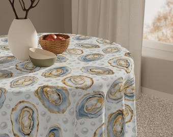 Oysters and Pearls Pattern Tablecloth | Coastal Nautical Print, Beach Dining Decor