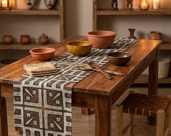 Rustic Kuba Cloth Style Table Runner, Mudcloth Design Table Decor, Rust Geometric Decor