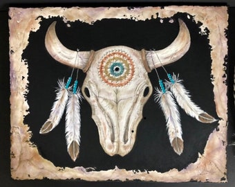 Boho Feathered Cow Skull, Large Skull Painting, Mandala Skull, Bohemian Skull Art, Textured Wall Art, Plaster Painting