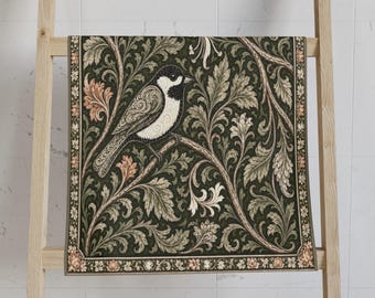 Chickadee Floral Tapestry Hand Towel | Vintage Botanical Bird Pattern