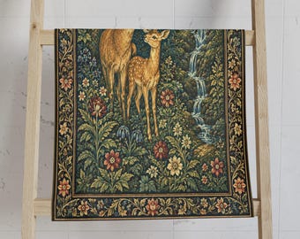 Deer and Fawn Forest Scene Hand Towel | Woodland Animals, Vintage Floral Border