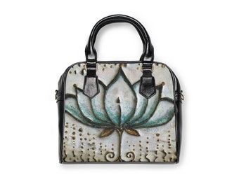 Front Personalized Lotus Flowers Classic Tote Purse w/Leather Trim Front Personalized Lotus Flowers Classic Tote Purse w/Leather Trim