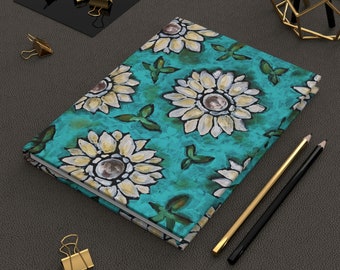 Shining Sunflower Journal, Flower Hardcover Journal, Turquoise Notebook Floral Notes Happy Thoughts, Organization Journal, Dreams Book