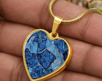 Sapphire Blue Kintsugi Heart Pendant – Personalized Geode Jewelry