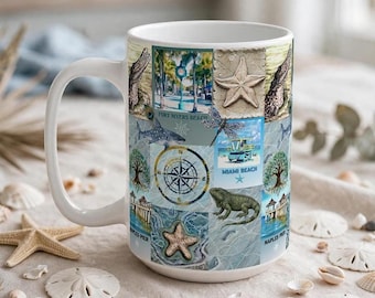 I Love Florida Coastal Collage Mug | Naples, Manatee, Seashells, Miami Compass, Fort Myers Beach