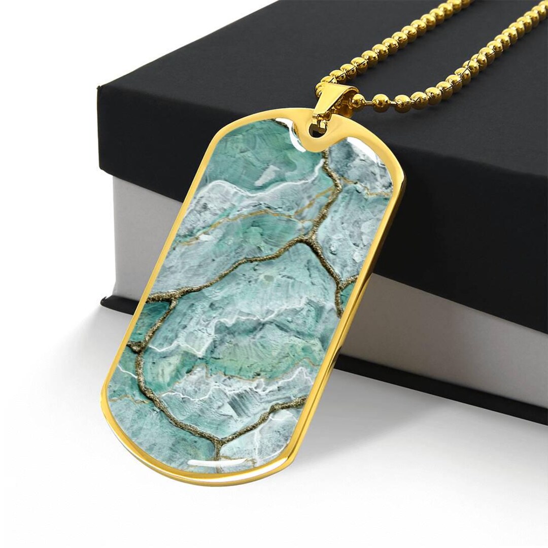 CELADON JADE KINTSUGI Dog Tag Pendant - Geode Engraved Necklace ...