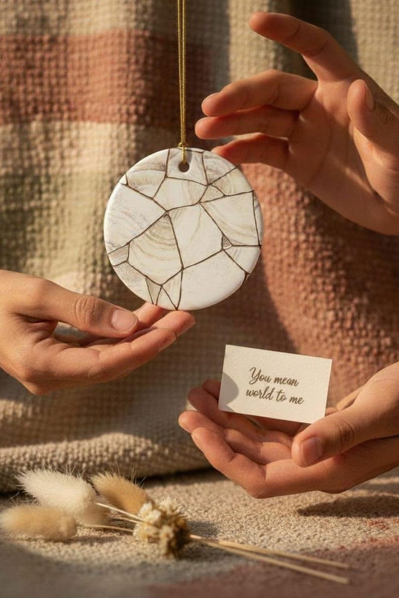 May include: A circular white ceramic ornament featuring a gold-lined mosaic pattern suspended by a thin gold cord, accompanied by a small rectangular card with the printed text "You mean world to me" and a cluster of dried beige grass stems.